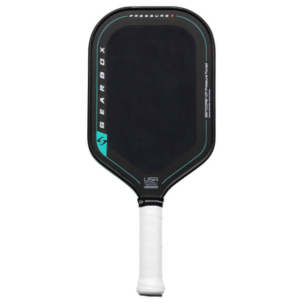 Front view of a black pickleball paddle with "PRESSURE X" and "GEARBOX" text, and a white grip.