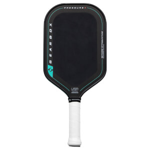 Front view of a black pickleball paddle with "PRESSURE X" and "GEARBOX" text, and a white grip.