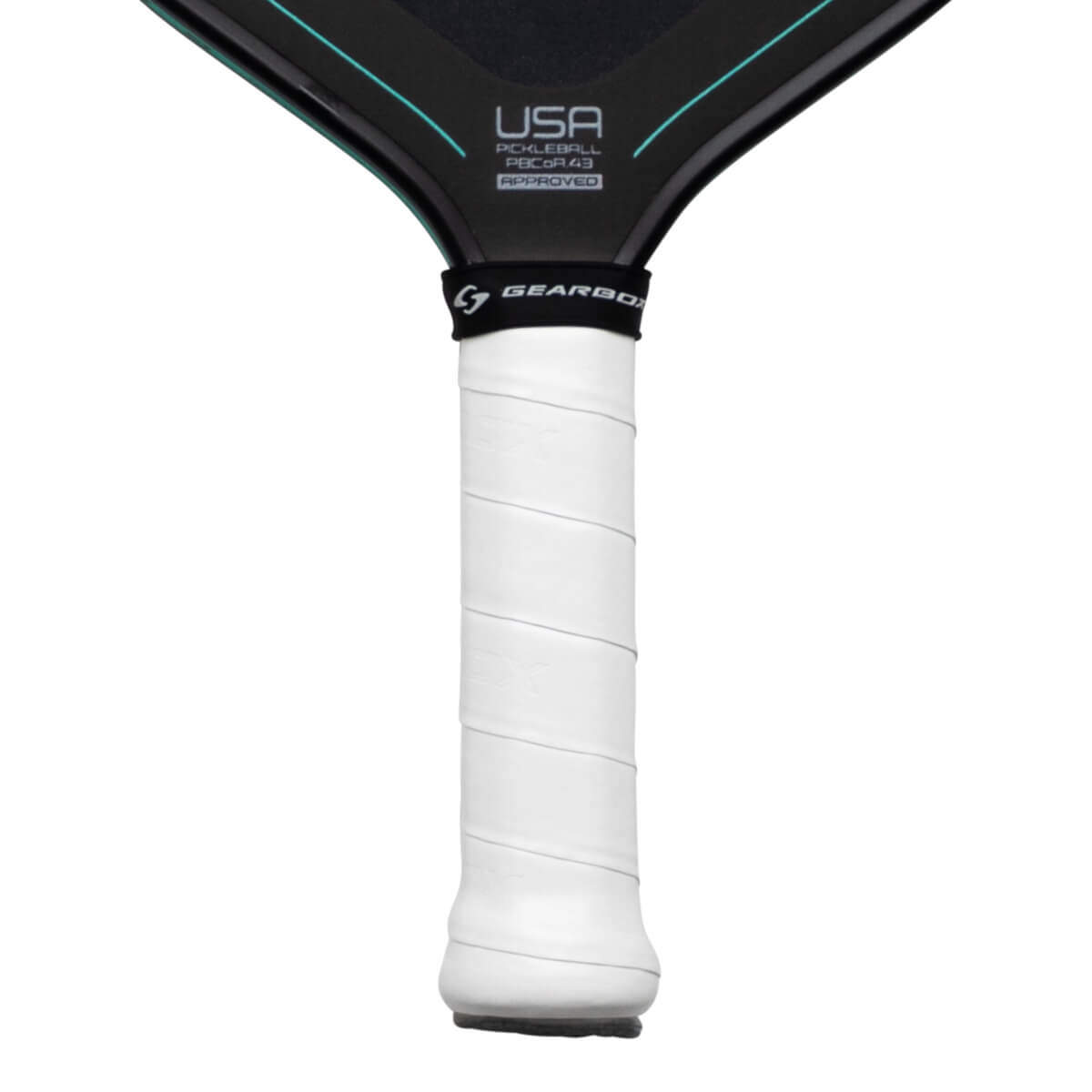 Close-up of pickleball paddle handle with white grip tape and "GEARBOX" logo.