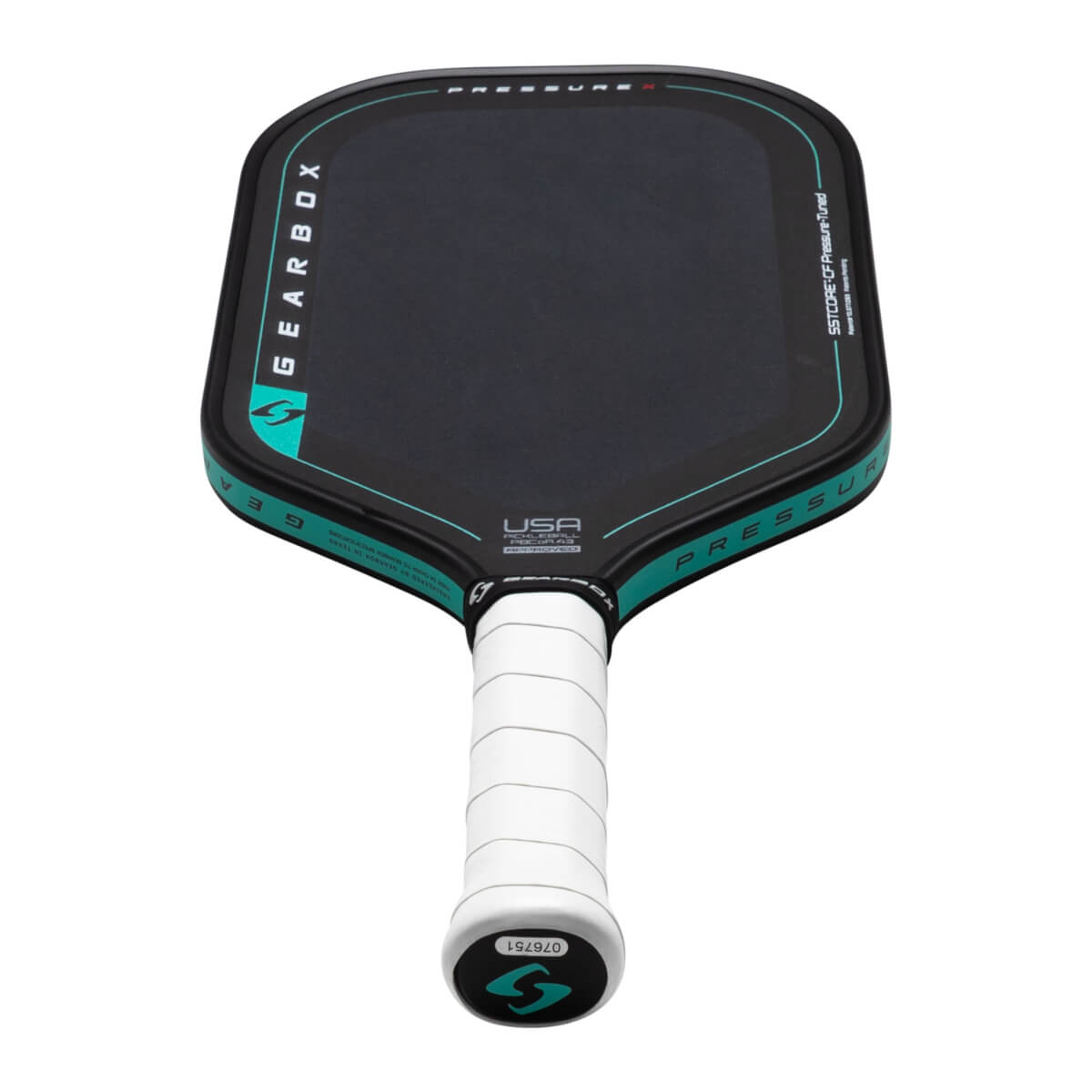 Top-down view of a black pickleball paddle with teal accents, showing "GEARBOX" and "PRESSURE X" text.