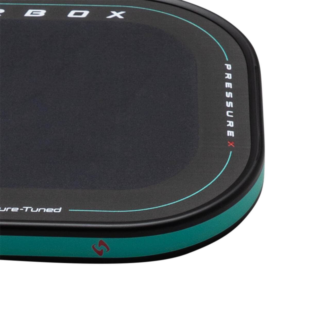Corner view of a black product with white text "PRESSURE X" and "ure-Tuned" and a teal accent stripe.