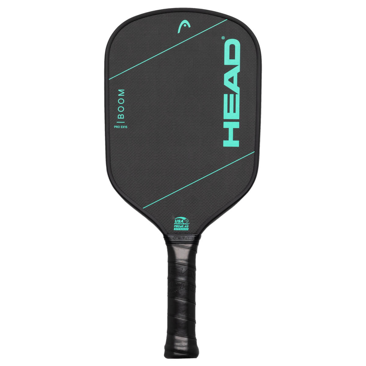 Front view of the HEAD Boom Pro EX15 paddle, showing the black carbon fiber surface with teal accents, "HEAD" logo, and "BOOM" text.