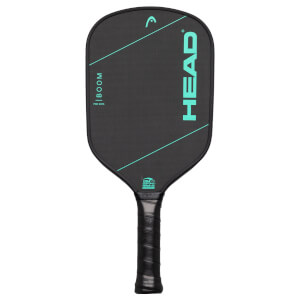 Front view of the HEAD Boom Pro EX15 paddle, showing the black carbon fiber surface with teal accents, "HEAD" logo, and "BOOM" text.