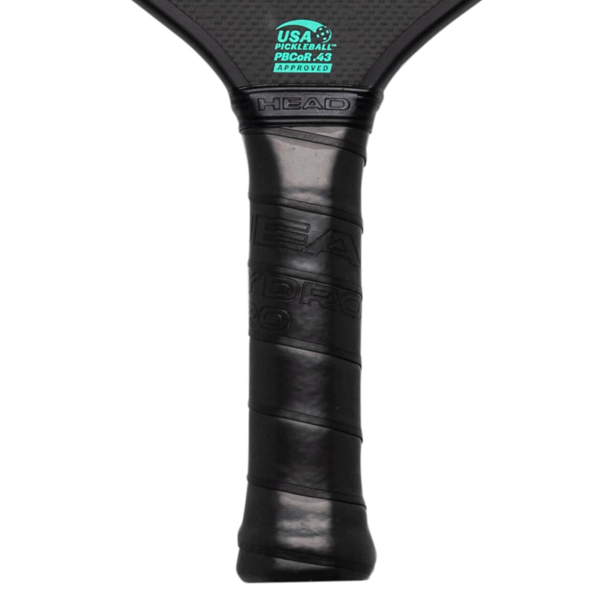 Close-up of the HEAD pickleball paddle grip showing "HEAD" and "HYDRO" text with a USA Pickleball approved logo.