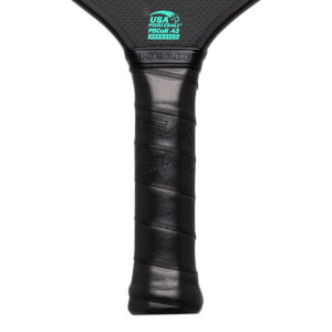 Close-up of the HEAD pickleball paddle grip showing "HEAD" and "HYDRO" text with a USA Pickleball approved logo.
