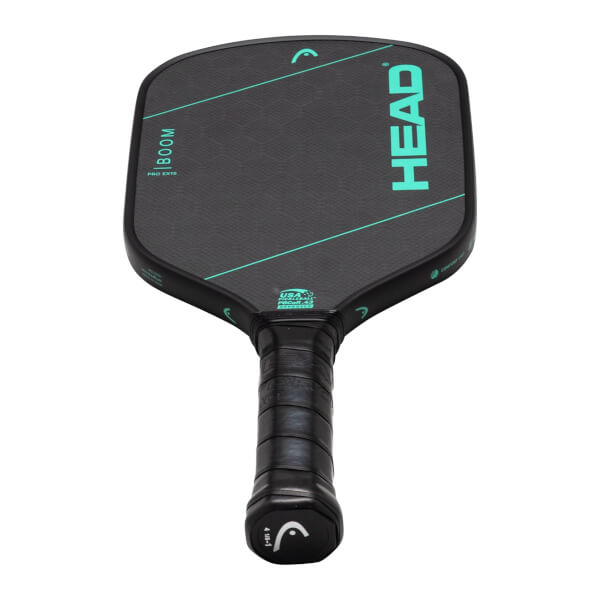 Top-down view of the HEAD Boom Pro EX15 paddle, showing the black carbon fiber surface with teal accents, "HEAD" logo, and "BOOM" text.