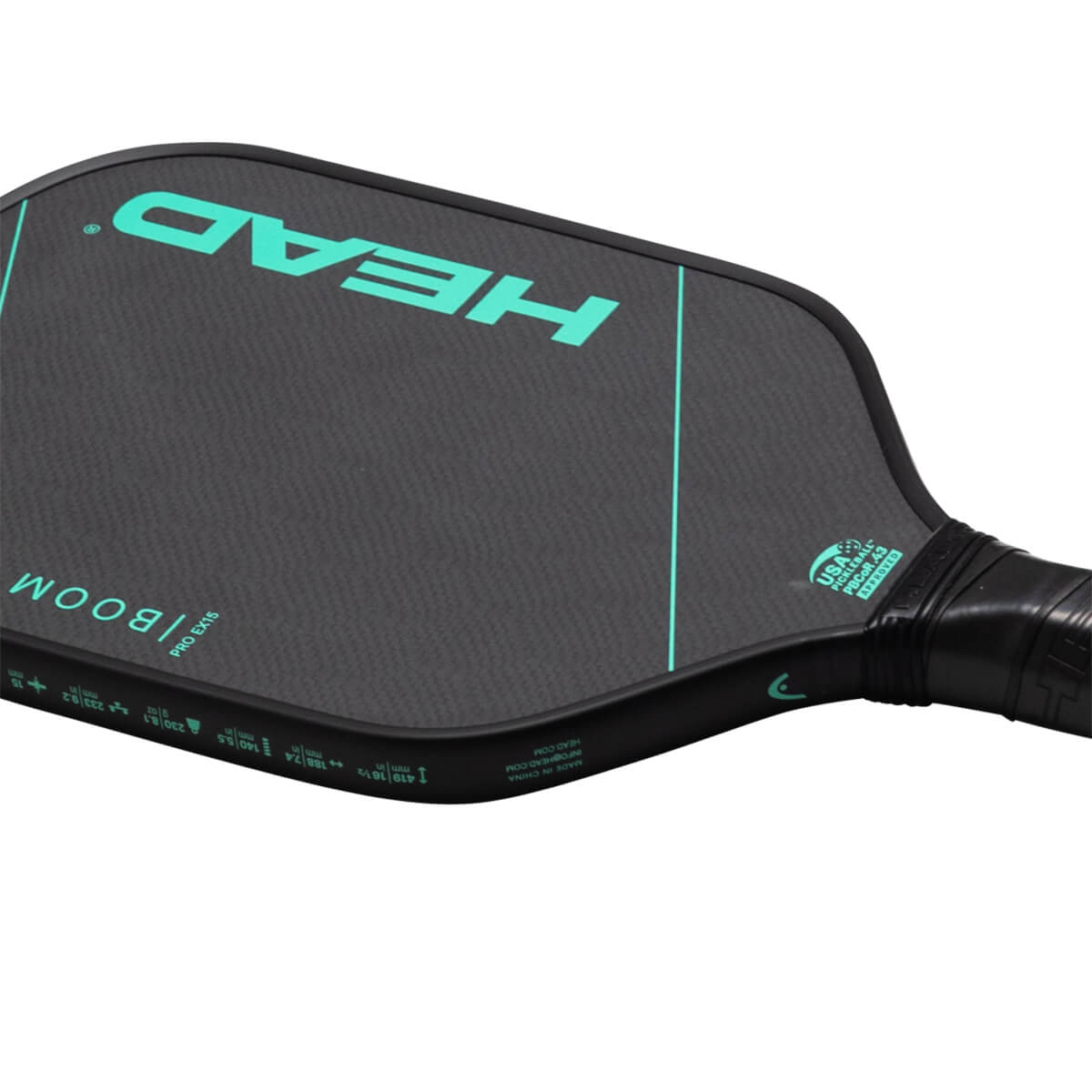Corner view of the HEAD Boom Pro EX15 paddle showing the teal HEAD logo, "BOOM PRO EX15" text, and USA Pickleball approved stamp.