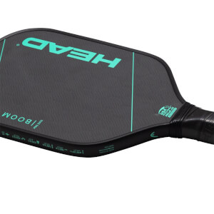 Corner view of the HEAD Boom Pro EX15 paddle showing the teal HEAD logo, "BOOM PRO EX15" text, and USA Pickleball approved stamp.