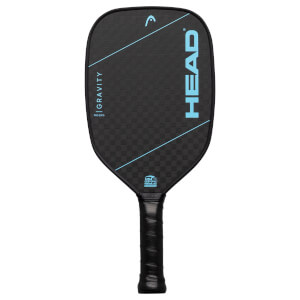 Front view of a black HEAD pickleball paddle with blue lettering and a checkered surface.