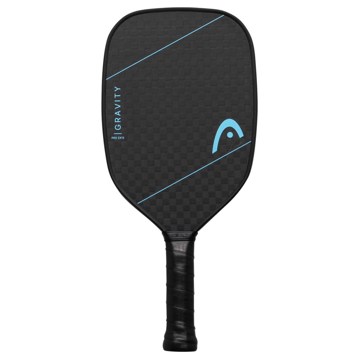 Front view of a black pickleball paddle with blue accents, the HEAD logo, and "GRAVITY PRO EX15" text.