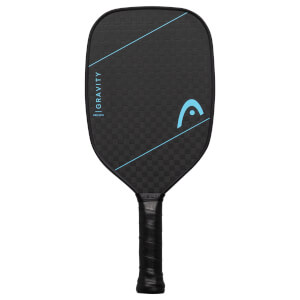 Front view of a black pickleball paddle with blue accents, the HEAD logo, and "GRAVITY PRO EX15" text.