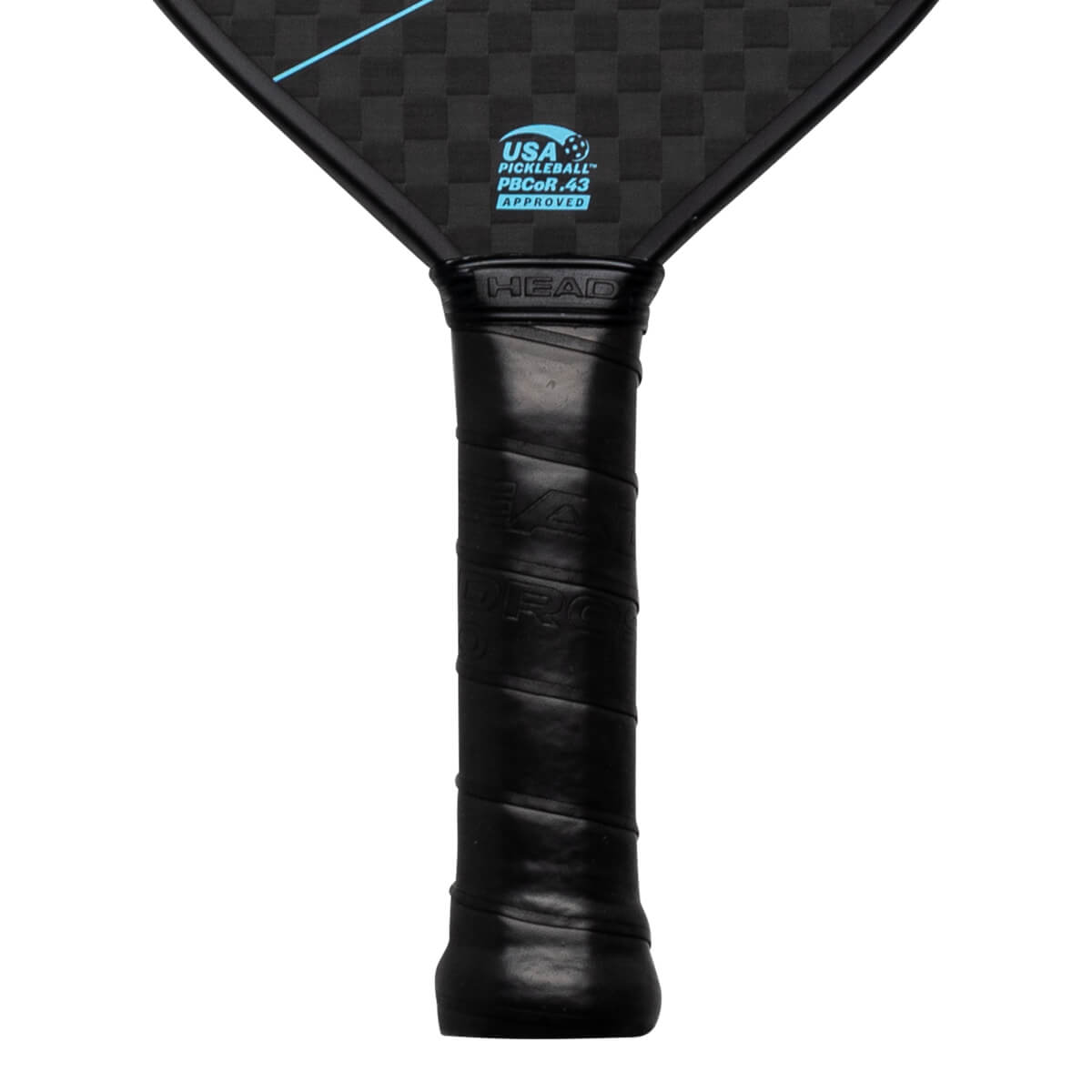 Close-up of a black pickleball paddle grip with "HEAD" embossed and a "USA PICKLEBALL APPROVED" logo.