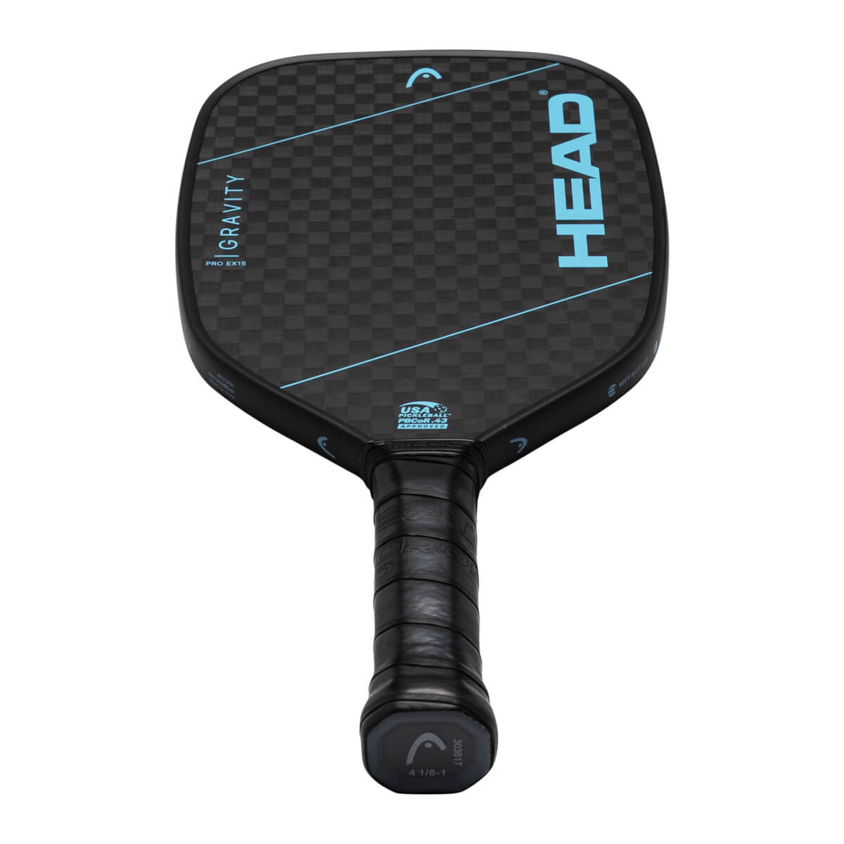 Front view of a black pickleball paddle with blue "HEAD" logo, "GRAVITY" text, and a checkered pattern.