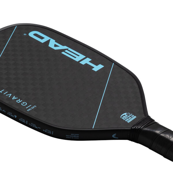 Top-down view of a black pickleball paddle with light blue "HEAD" logo and "GRAVITY PRO EX15" text.