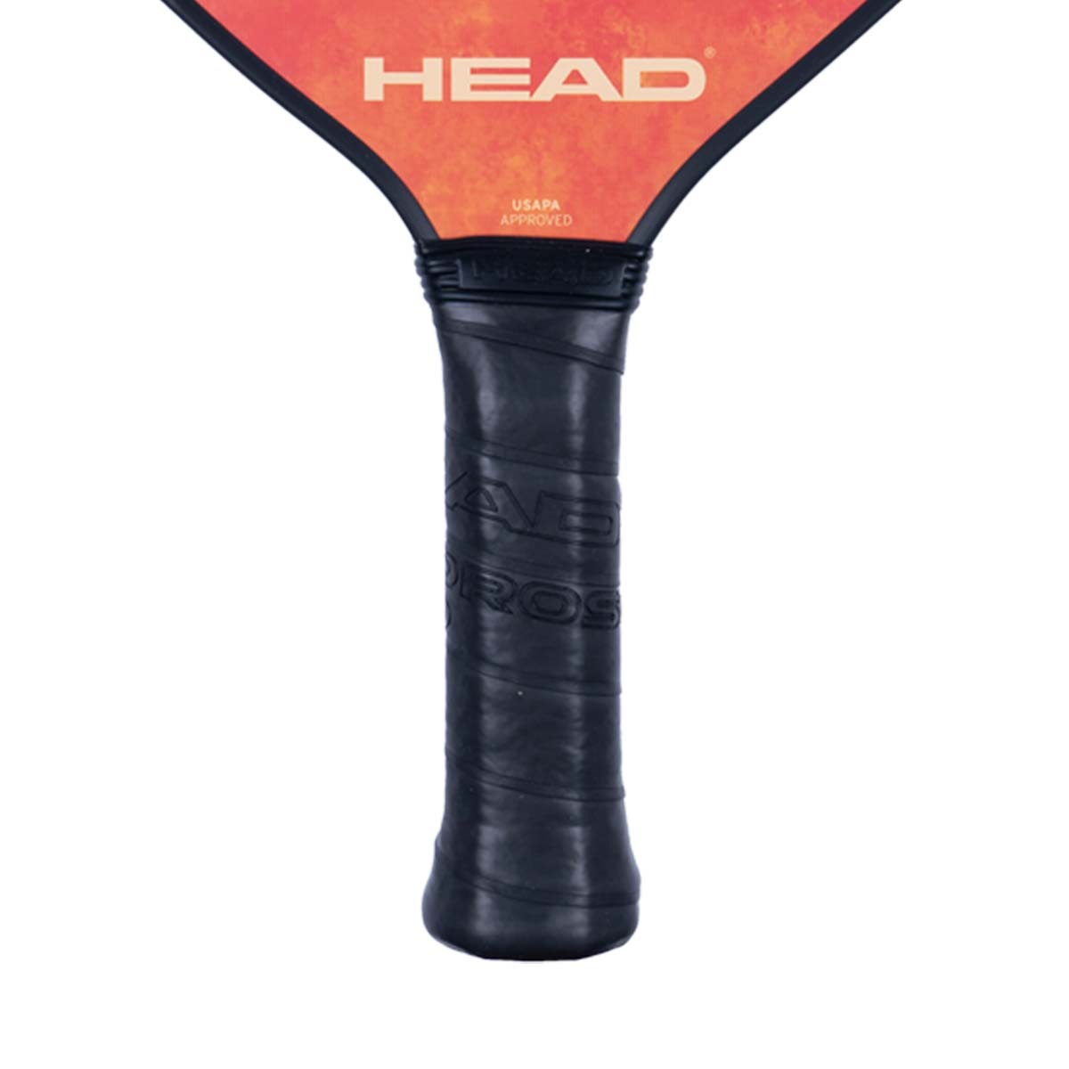 Top-down view of an orange pickleball paddle with a black grip and HEAD logo.