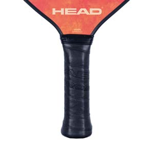 Top-down view of an orange pickleball paddle with a black grip and HEAD logo.