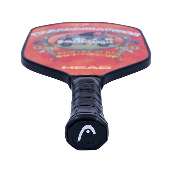 Top-down view of a red pickleball paddle with HEAD logo and Margaritaville graphic.