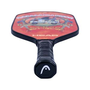 Top-down view of a red pickleball paddle with HEAD logo and Margaritaville graphic.