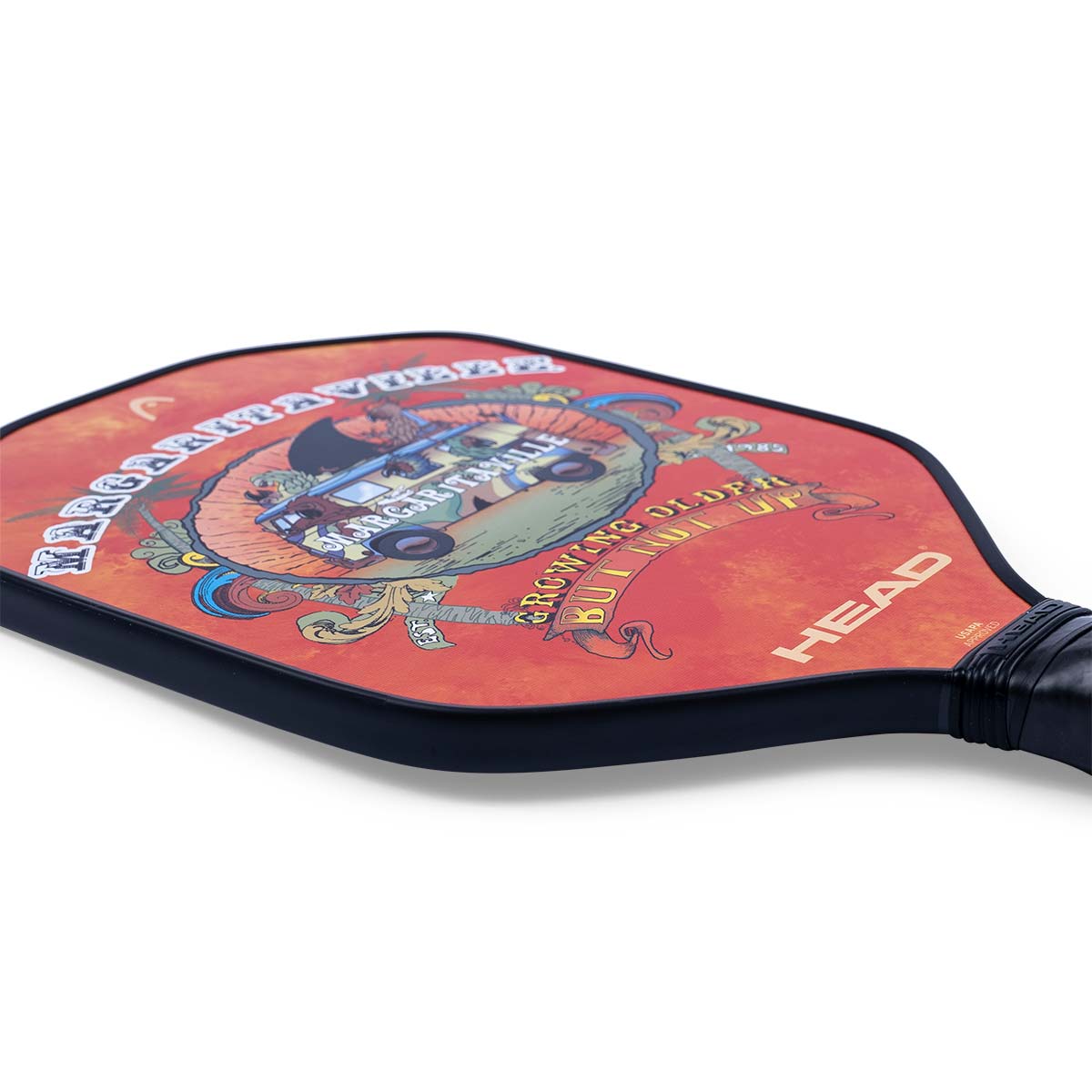 Side view of a red pickleball paddle with a Margaritaville graphic and HEAD logo.