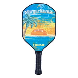 Front view of a colorful pickleball paddle with a sunset, palm tree, Margaritaville, Sunset, and HEAD graphics.