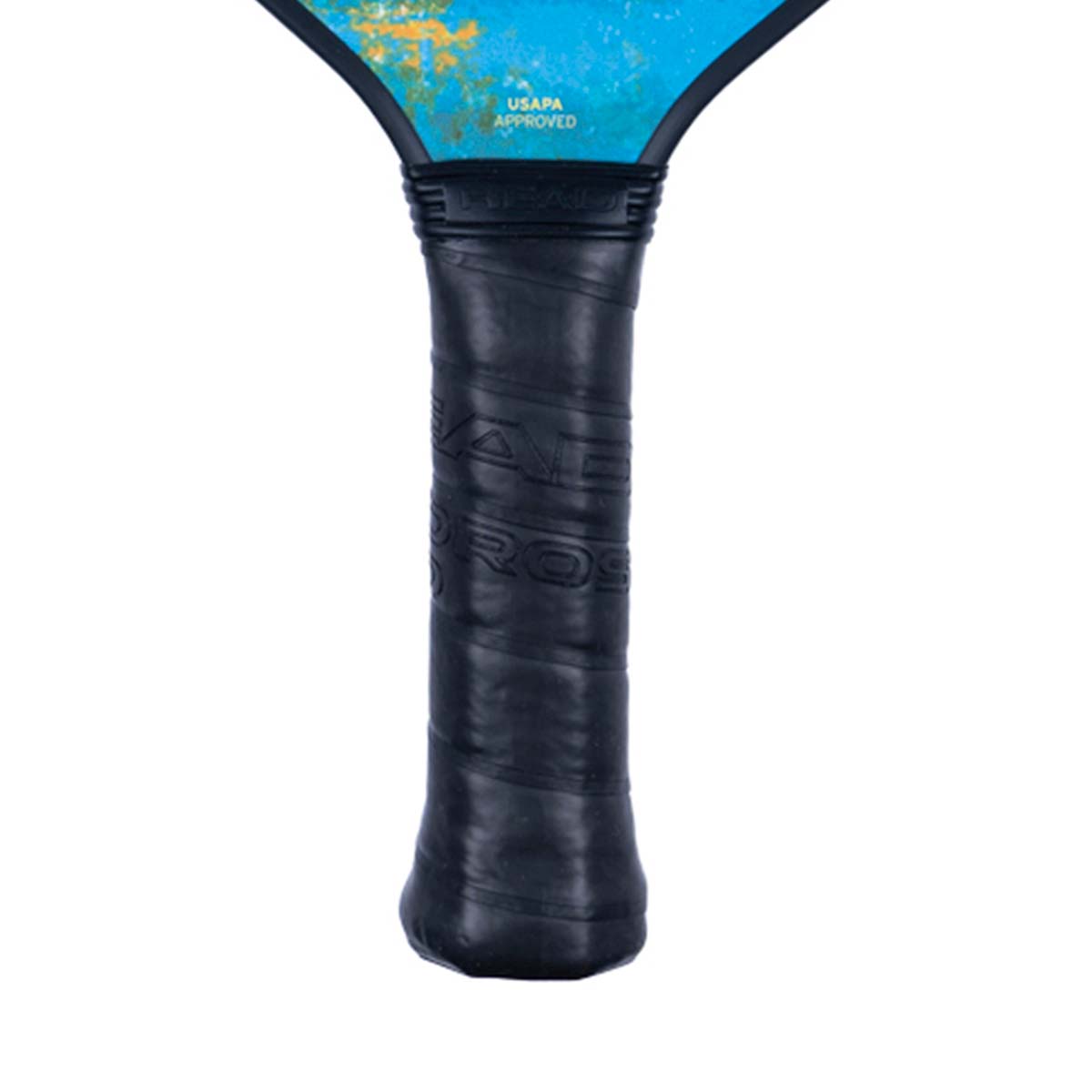 Close-up of a black pickleball paddle grip with HEAD PROS embossed and USAPA APPROVED text.