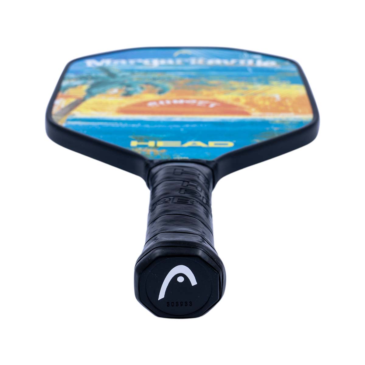 Top-down view of a black pickleball paddle with a sunset graphic, HEAD text, and a black grip.