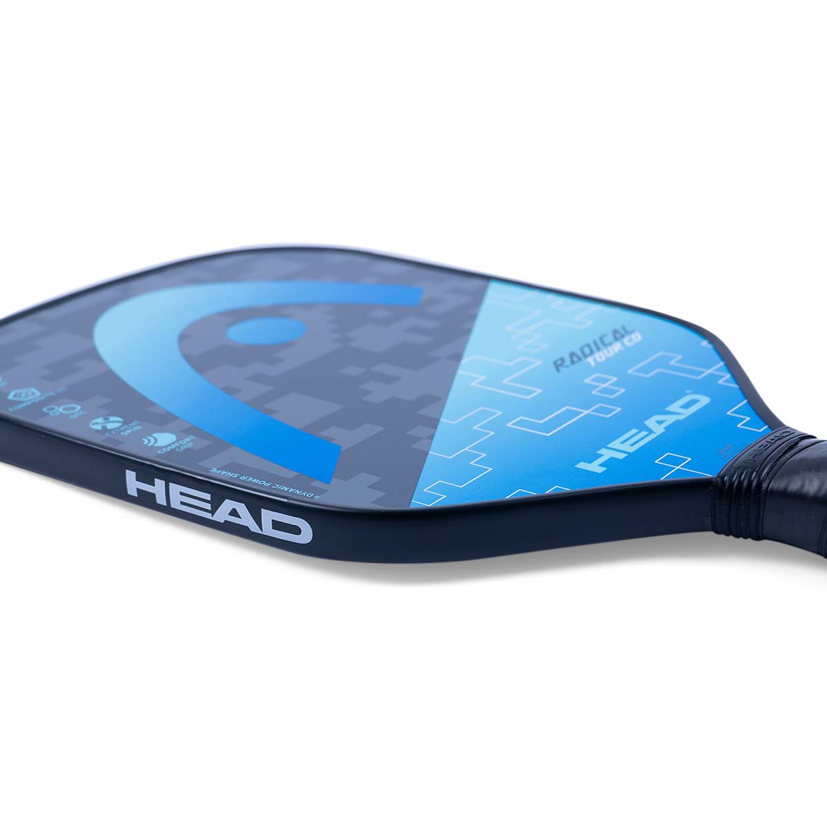 Side view of a black pickleball paddle with blue HEAD logo and RADICAL TOUR CO text.