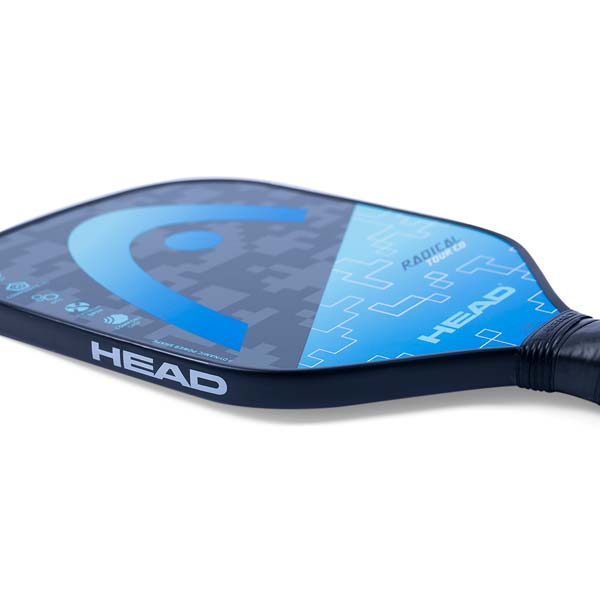 Side view of a black pickleball paddle with blue HEAD logo and RADICAL TOUR CO text.