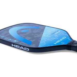 Side view of a black pickleball paddle with blue HEAD logo and RADICAL TOUR CO text.