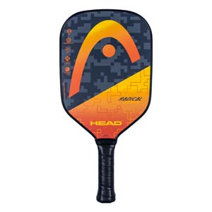 Front view of a black pickleball paddle with orange and yellow pixelated graphics, HEAD logo, and RADICAL text.