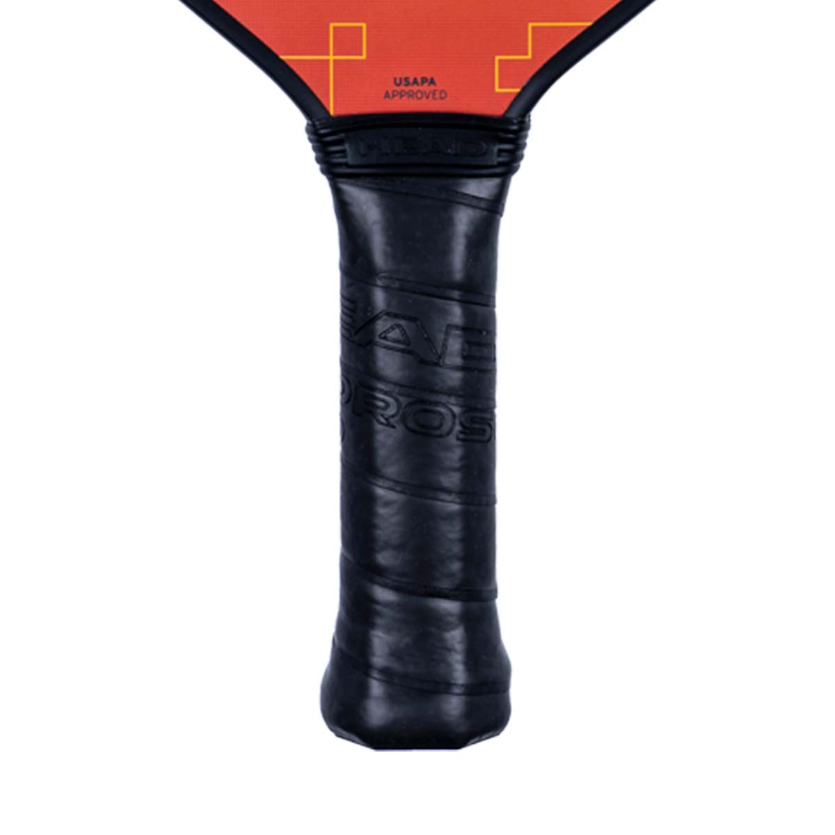 Close-up of a black pickleball paddle grip with HEAD PROS text and USAPA APPROVED stamp.