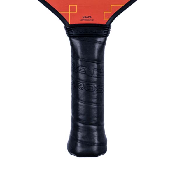 Close-up of a black pickleball paddle grip with HEAD PROS text and USAPA APPROVED stamp.