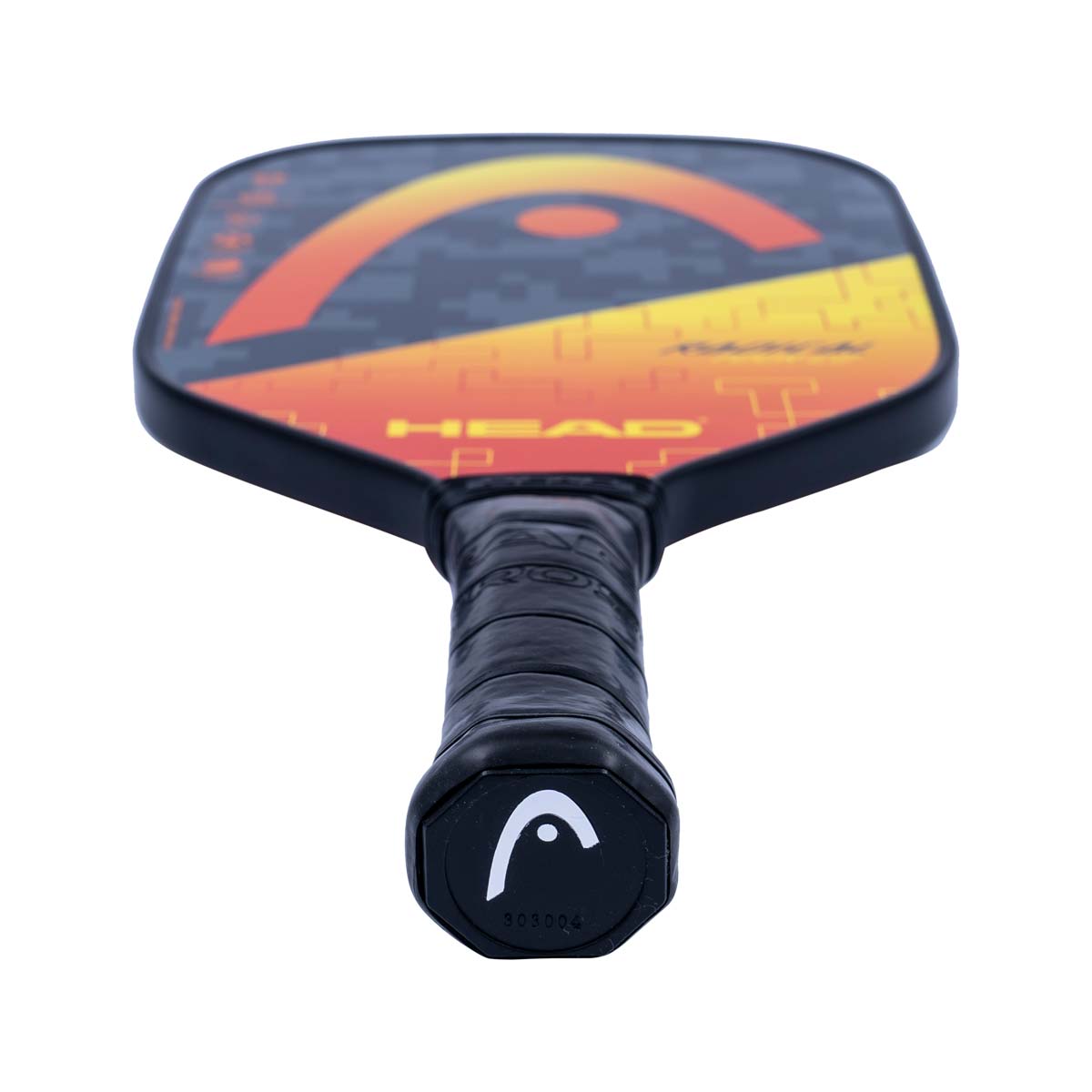 Top-down view of a black pickleball paddle with orange and yellow gradient design and HEAD logo.