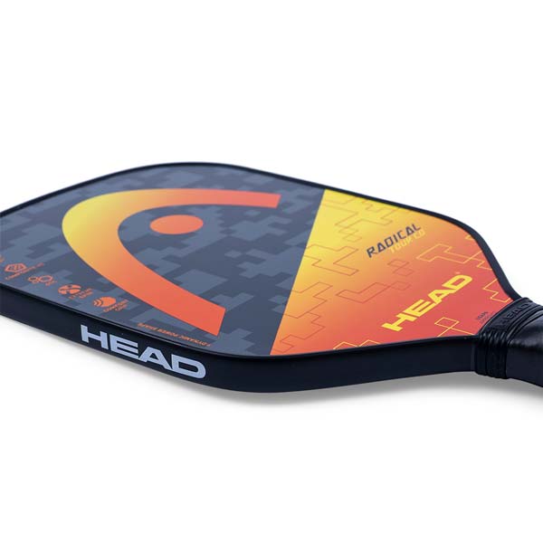 Side view of a black pickleball paddle with a large orange HEAD logo and RADICAL TOUR CO text.