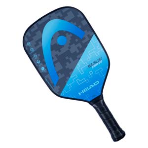 Top-down view of a blue and gray pickleball paddle with a large HEAD logo and RADICAL TOUR CO text.