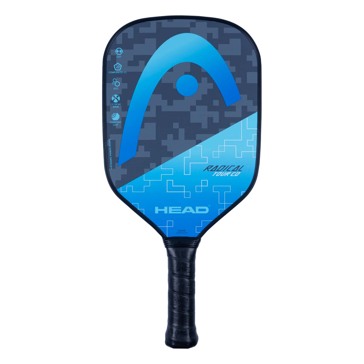 Front view of a blue and gray pickleball paddle with a large HEAD logo and RADICAL TOUR CO text.