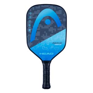 Front view of a blue and gray pickleball paddle with a large HEAD logo and RADICAL TOUR CO text.
