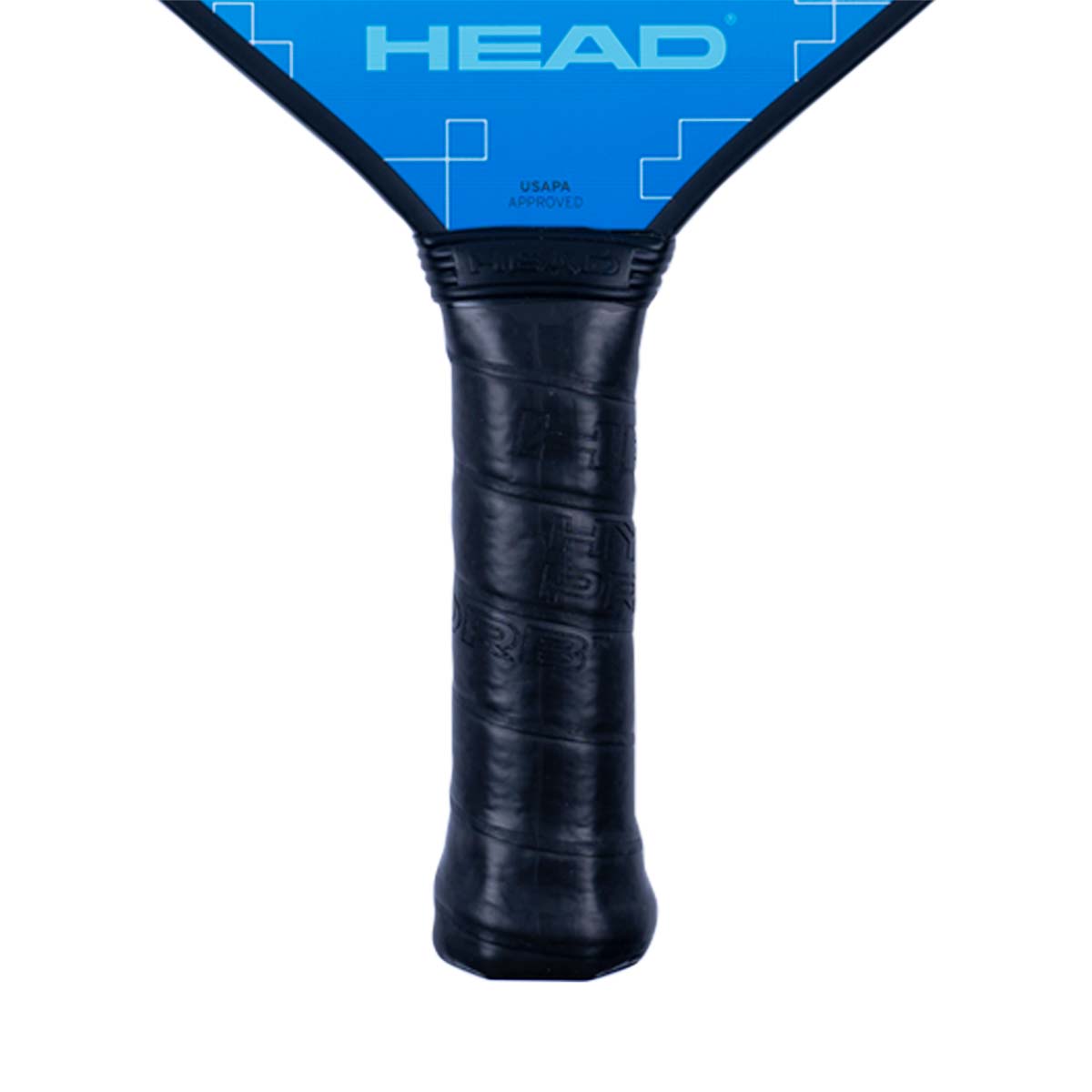 Top-down view of a blue HEAD pickleball paddle with a black grip and USAPA APPROVED text.