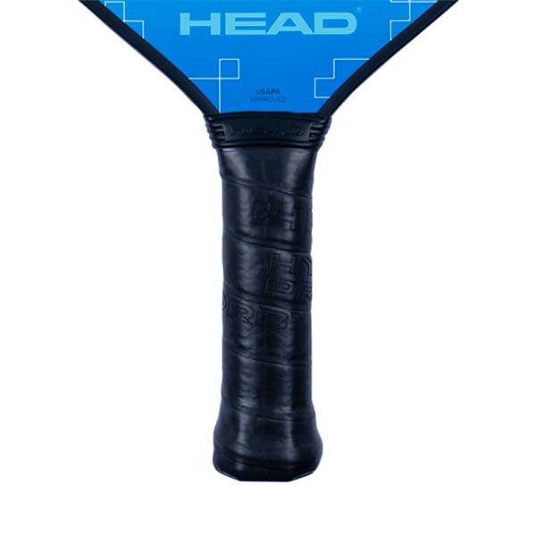 Top-down view of a blue HEAD pickleball paddle with a black grip and USAPA APPROVED text.
