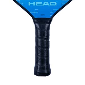 Top-down view of a blue HEAD pickleball paddle with a black grip and USAPA APPROVED text.