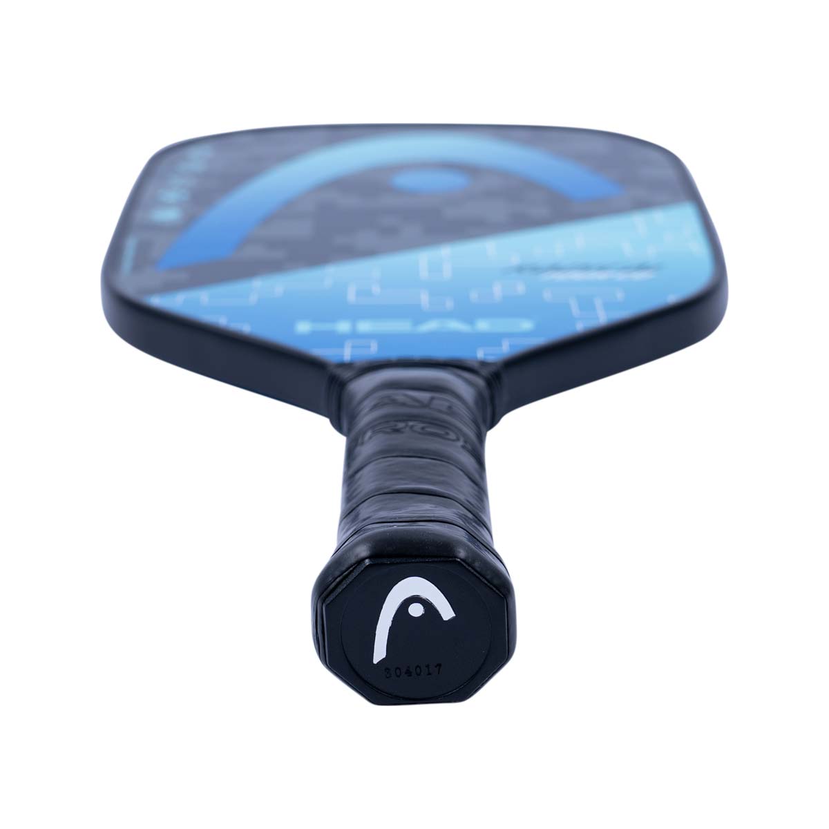 Top-down view of a blue and black pickleball paddle with HEAD logo and text.