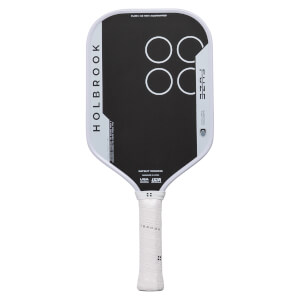 Front view of a black and white pickleball paddle with HOLBROOK and FUZE branding, four white circles, and a white grip.