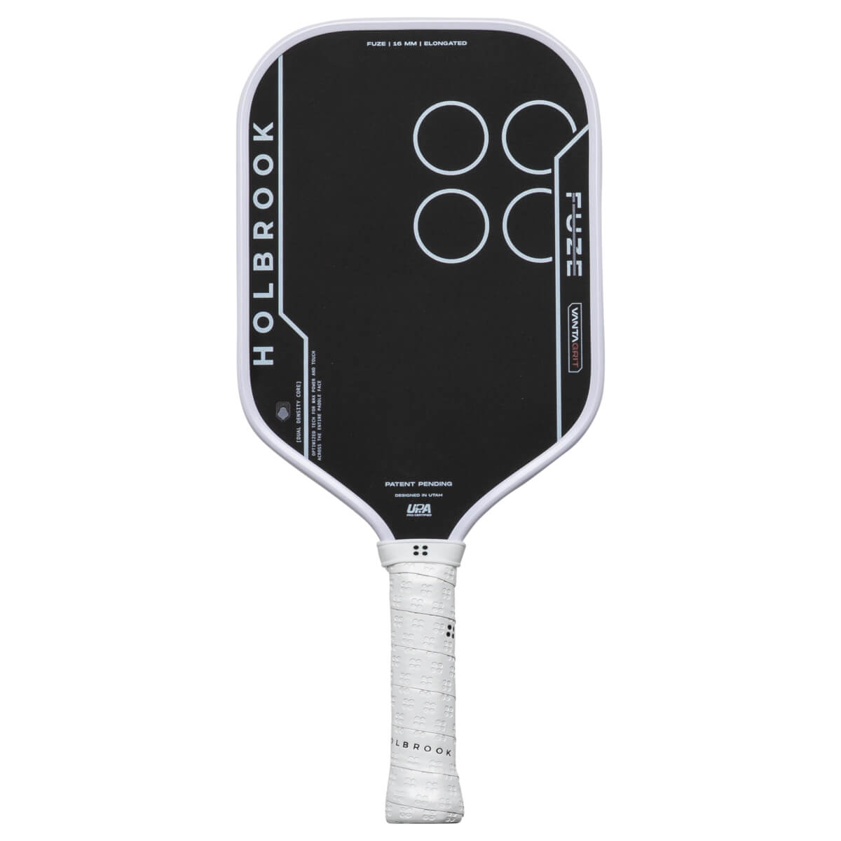 Front view of a black pickleball paddle with white trim, "HOLBROOK" text, and four white circles.