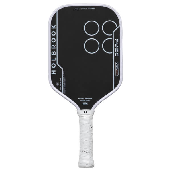 Front view of a black pickleball paddle with white trim, "HOLBROOK" text, and four white circles.