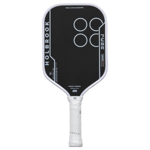 Front view of a black pickleball paddle with white trim, "HOLBROOK" text, and four white circles.
