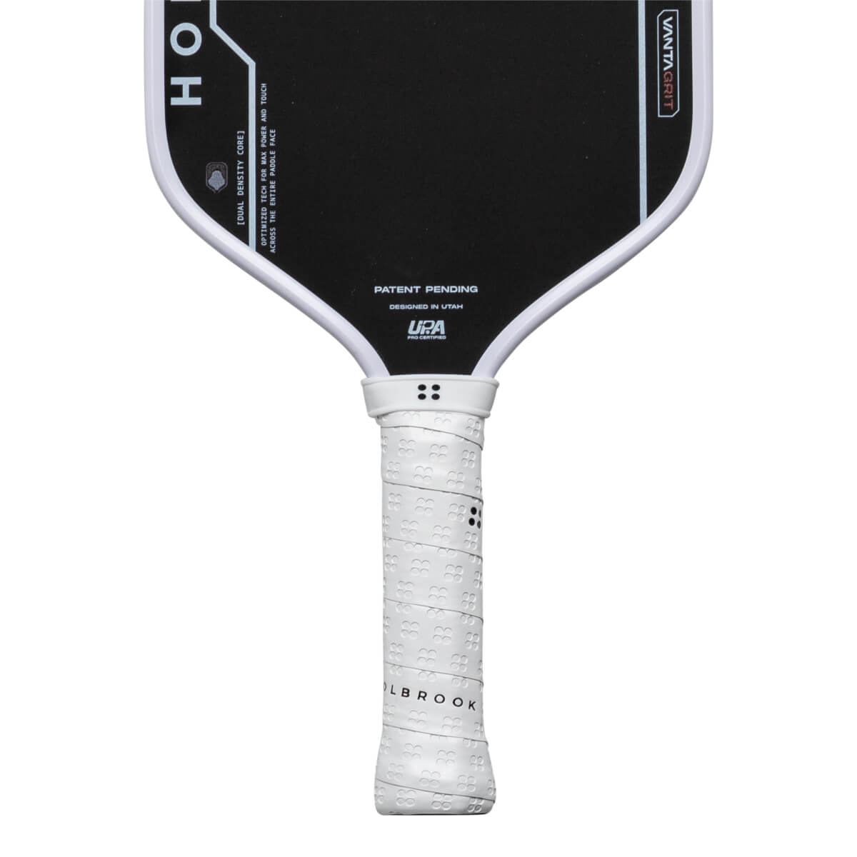 Top-down view of a pickleball paddle showing the "HO" logo, "VANTAGGRIT" text, and white grip with "OLBROOK" text.