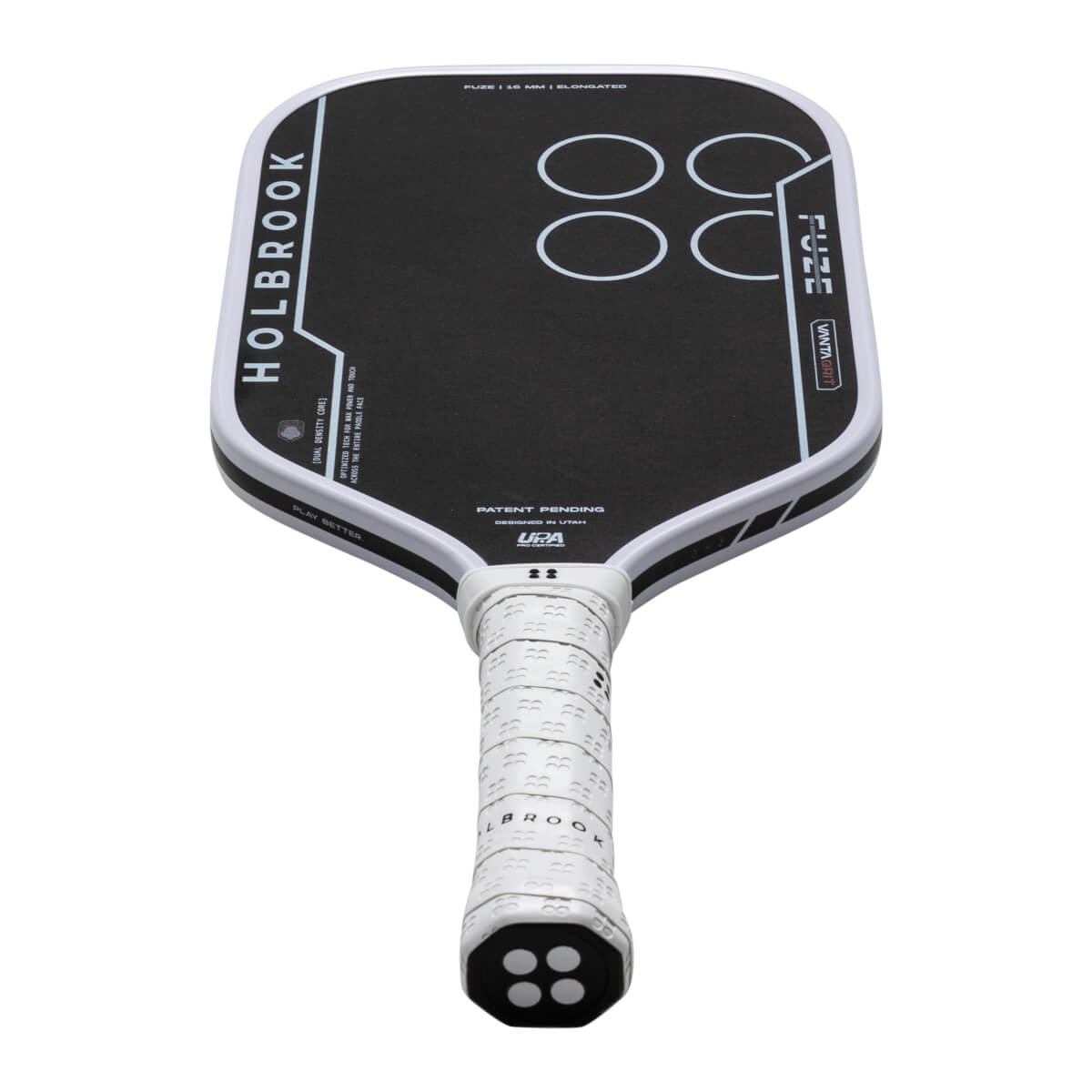 Top-down view of a black pickleball paddle with white trim, "HOLBROOK" text, and four white circles.
