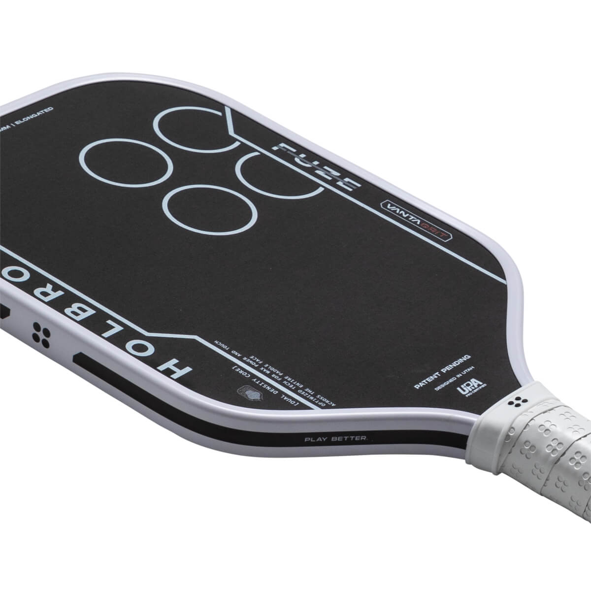 Top-down view of a black pickleball paddle with white text "HOLBRO" and "FUZE", and four white circles.