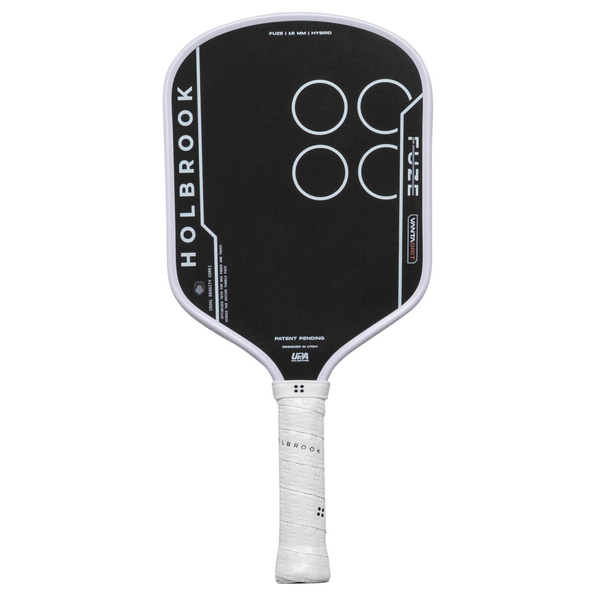 Front view of a black pickleball paddle with white "HOLBROOK" text, four white circles, and "FUZE" text.