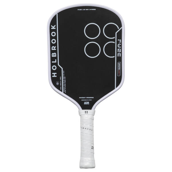 Front view of a black pickleball paddle with white "HOLBROOK" text, four white circles, and "FUZE" text.